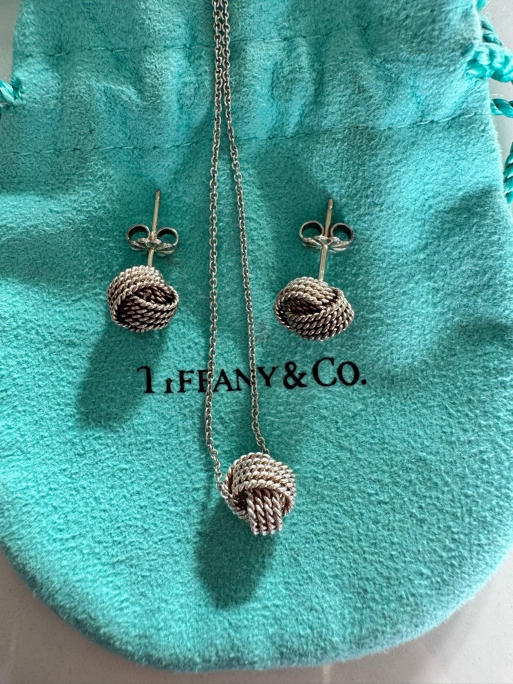 Tiffany & Co. Silver Rope Knot Pendant Necklace with Matching Stud Earrings
